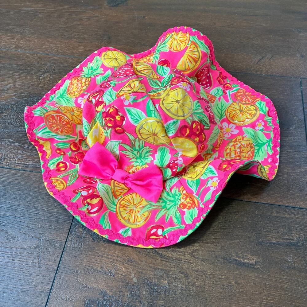 Toddler Girls Sun Bucket Hat Pink Tropical Fruit Citrus Bow with Strap, Unsized